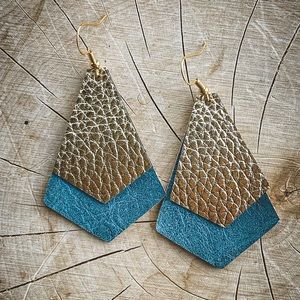 2” Metallic Gold and Teal Faux Leather Earrings